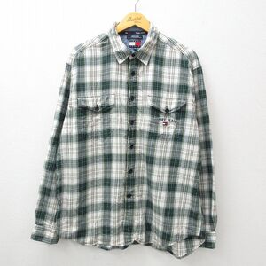 XL/古着 トミーヒルフィガー トミージーンズ 長袖 ブランド シャツ メンズ 90s ワンポイントロゴ コットン 緑他 グリーン タータン チェッ