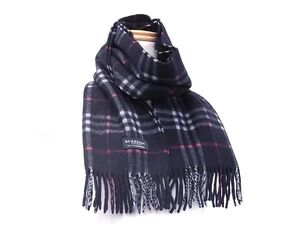 1円 ■新品同様■ BURBERRY バーバリー カシミヤ100％ フリンジ マフラー ストール ショール メンズ レディース ネイビー系 FK1388