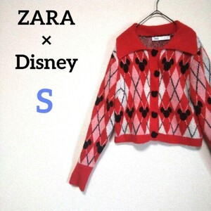 ZARA ザラ ディズニーコラボニットカーディガン ミッキーマウスチルデンニット カウチン DISNEY Mickey Mouse 襟付き 総柄 赤 レッド 