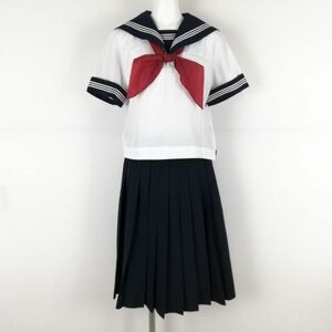 1円 セーラー服 スカート スカーフ 上下3点セット 夏物 白3本線 女子 学生服 中学 高校 白 制服 中古 ランクC NA8859