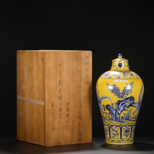 1+DS6699「東洋美術」 中国骨董 人間国宝 磁器製品【明代宣徳黄地青白竹岩芭蕉文様大梅花瓶蓋付】 旧物 孤品 珍品 陶磁器 収蔵価値が高い