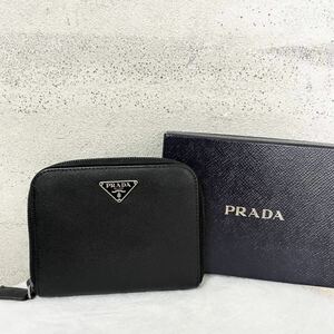 【贅沢品の極み】PRADA プラダ　折財布 カードケース　コインケース お札ケース　三角プレート　レザー　ブラック　サフィアーノ 