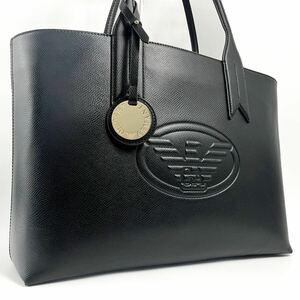 希少/美品● エンポリオアルマーニ ARMANI エンボスロゴ メンズ ビジネス トートバッグ A4 PC 肩掛け 書類鞄 チャーム レザー ブラック 黒 