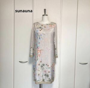 美品　sunauna スーナウーナ　総柄　花柄　フラワー　ワンピース　ひざ丈　ベージュ