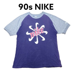 90s NIKE　白タグ　風車ロゴビッグプリント　ラグランTシャツ　ナイキ　古着