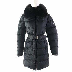 美品★プラダ 19年製 28F062 トライアングルロゴ FOXファー・フード・ベルト付 ZIP UP ダウンコート NERO 40 ハンガー付 正規品