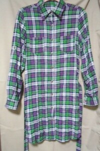 送料込 FLASK ネルシャツ ワンピース チェック ベルト付 M/緑 紫 チュニック ロングシャツ シャツワンピ 綿 ポリウレタン