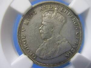 イギリス海峡植民地 20セント銀貨☆1927年／準未使用・極美品／アンティークコイン／NGC AU55