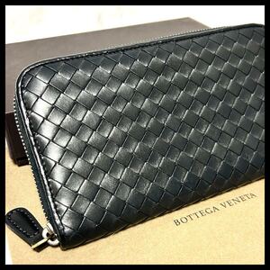 ★【極美品！鑑定済み！】BOTTEGA VENETA ボッテガヴェネタ イントレチャート 長財布 ラウンドファスナー　ブラック　定価7.8万 ◇