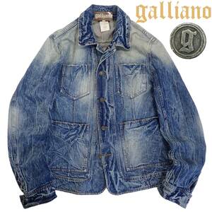 5914/希少 galliano デニム カバーオールジャケット 48●ガリアーノ Made in ITALY ダメージ加工ビンテージ加工●洗濯プレス済●メンズ古着