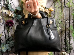 超美品●Salvatore Ferragamo フェラガモ●ガンチーニ●フローレンス●カーフ レザー 本革●ハンド バッグ●黒●G金具●B5 かばん●Js53304