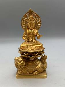 Y05029 『牧田秀雲』作 文珠菩薩 仏像 仏教美術 金メッキ 