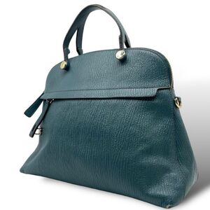 【美品】FURLA フルラ ハンドバッグ パイパー ロゴ 自立 腕掛け レザー グリーン