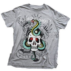 ED HARDY / エドハーディー SKULL & SNAKE ZIRCONIA NEW YORK CITY T-SHIRT GRAY