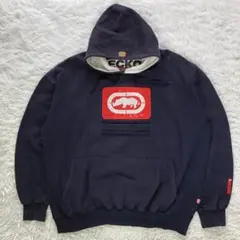 90s Ecko プルオーバーパーカー【XXL】ワッペンロゴ　ネイビー 　褪色