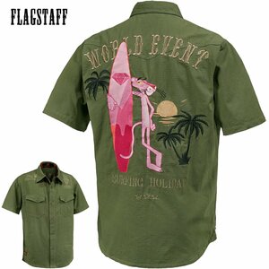 432044-85 ピンクパンサー PINK PANTHER ワークシャツ リップストップ mens メンズ サーフボード 半袖シャツ(カーキ緑) FLAG STAFF L