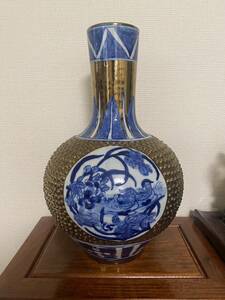 中国 大清 青花花鳥花瓶 天球瓶唐物高さ 34cm