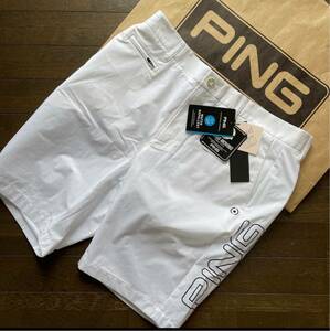 送料無料PING GOLFピンゴルフMENS BIG PINGハーフパンツ撥水性速乾肌サラ軽量CROSSMOVING全方向KICK BACK STRETCH White(お買得M)新品