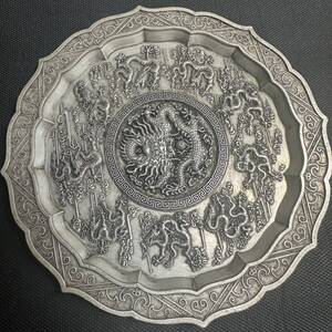 古物　銅細工浮彫り龍鳳皿 装飾品 工芸品 美術品 置物　龍の装飾の置物 