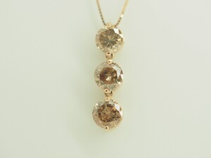 N294 コニャックカラー天然ダイヤモンドトリロジーネックレス　K18PG D1.00ct 