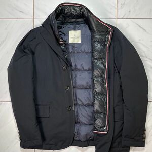 美品 MONCLER テーラード 立ち襟 ダウンジャケット ライナー付き アウター 秋冬 極暖 ネイビー 濃紺 赤白ライン メンズ3 XL モンクレール