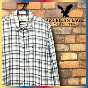 ME8-913◆USA古着◆正規品◆【American Eagle アメリカンイーグル】チェック 長袖 ネルシャツ【メンズ L】白 青 古着 ワーク アメカジ