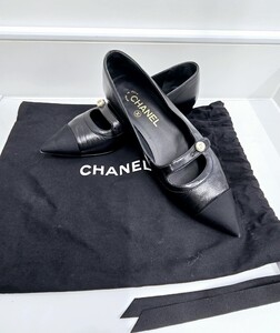 k【1円スタート】CHANEL シャネル パンプス 37C レザー ブラック 保存袋付き