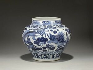 【瓏】陶磁器 青花魚藻紋大罐 元代 染付 置物擺件 古賞物 中国古美術 蔵出