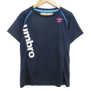 アンブロ UMBRO スポーツウェア カットソー Tシャツ 半袖 ラウンドネック 切替 ロゴプリント 総柄 M 紺 白 ネイビー ホワイト レディース