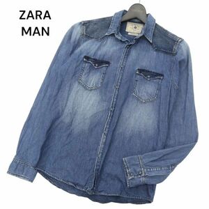 ZARA MAN ザラ マン 通年 Slim Fit USED加工★ 切替 長袖 ストレッチ スウェット デニム ウエスタン シャツ Sz.S　メンズ　C4T03616_4#C