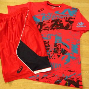 ◎使用少なめ！2XL 上下セット！asics A77 アシックス バスケ◆ジャージ / 半袖 Tシャツ&ハーフパンツ 速乾◆メンズ 赤◆B4908