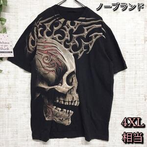 【ノーブランド】トップス　クルーネック　プリント　スカル　Tシャツ　ブラック