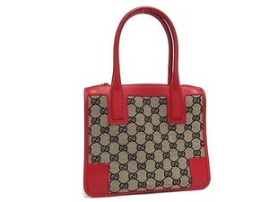 1円 ■極美品■ GUCCI グッチ 0000 0856 002122 GG柄 キャンバス×レザー ハンドバッグ トート レディース ブラウン系×レッド系 FI5930