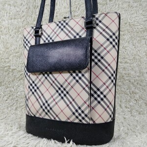 1円〜　美品　BURBERRY　バーバリー　ノバチェック　ハンドバッグ　キャンバス　レザー　革　肘掛け　筒型　ベージュ　ブラック　人気