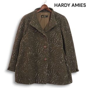 HARDY AMIES BOUTIQUE ハーディ エイミス 秋冬 ウール混 アルパカ♪ 総柄 コート Sz.43 レディース 日本製 大きいサイズ　K4T02039_B#N