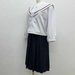 OT35 (中古) 校名不明 セーラー服 上下 2点セット /13号/W69/セーラー/スカート/赤1本ライン/制服/学生服/冬服/合服/女子学生/中学校/高校