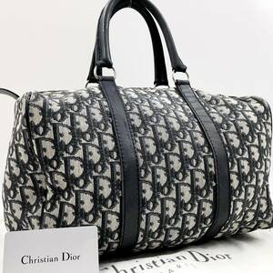 【極美品】Dior 2105 トロッター クリスチャン ディオール ●黄ばみ小 ミニボストンバッグ ハンドバッグ 鞄 ネイビー 紺 キャンバス 1円