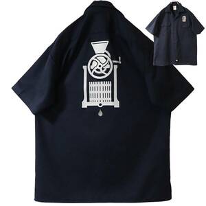 5827/Dickies 半袖ワークシャツ M●刺繍SONOMA CIDERプリント アンティーク手動コーヒーミル●洗濯プレス済●ネコポス可●ディッキーズ古着