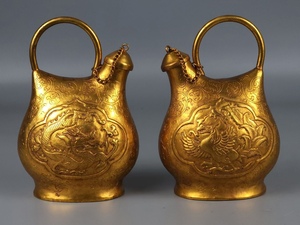  ▽鴻▽唐・古銅塗金彫・龍鳳壺一対 時代物 中国古美術 骨董品