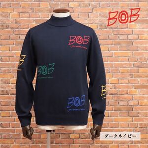 1円/23AW/BOB/XLサイズ/モックネック ニット 保温◎ ホットレイ 機能性 ロゴ ジャガード 遊び心 ゴルフ 新品/濃紺/ダークネイビー/jb322/