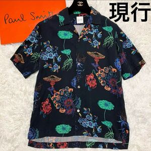 ◆美品◆ポールスミス Paul smith 半袖 シャツ 花柄 フラワー キノコ 総柄 現行 派手 Lサイズ リヨセル メンズ春夏 黒 カラフル カジュアル