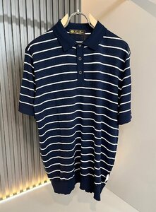 Loro Piana　ロロピアーナ メンズ ニットポロシャツ 半袖Tシャツ ニットカットソー ネイビー XLサイズ 紳士服 夏物　ボーダー柄