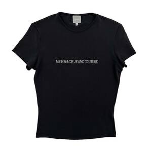 VERSACE JEANS COUTURE ヴェルサーチ ジーンズ ラインストーン ロゴ入り 半袖Tシャツ カットソー サイズ M /黒/ブラック/正規品/レディース