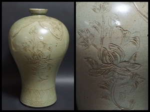 【閑】高麗時代 青磁象嵌『蓮花文』 梅瓶 大型飾壺 高さ30.5cm 花器 華道具 茶道具★時代物★6D0617