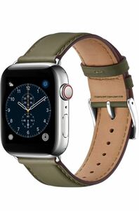 【未使用品】　Apple Watch バンド 革 42mm 44mm 45mm 49mm アップルウォッチ バンド 本革 (アーミーグリーン・シルバー)No.2190