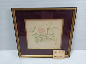 nn0202 051 真作 沼野 清志 作 「 牡丹 」 水彩画 中古 現状品 花 額装 陶額 在銘 絵画 風景画 日本作家 