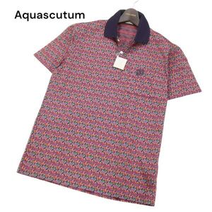 【新品 未使用】 Aquascutum アクアスキュータム Aquasport 春夏 総柄デザイン★ 半袖 ポロシャツ Sz.M　メンズ 日本製　I4T01476_4#A