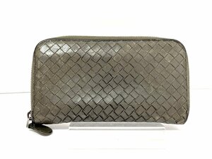 【中古】BOTTEGA VENETA ボッテガヴェネタ　イントレチャート　ラウンドジップウォレット　長財布　レザー　グレー