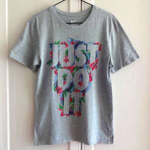 NIKE 良デザイン JUST DO IT 半袖Tシャツ 灰 M■ナイキ 南国 ハイビスカス グレー■ストリート スポーツ アメカジ 古着 ハワイ HAWAII