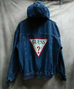 GUESS　デニムジップアップパーカー　Mサイズ　ゲス　デニムジャケット　ブルゾン　デカロゴ　古着　訳あり